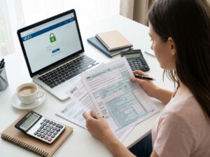 A taxpayer sitting at a desk, reviewing official IRS documents and filing Form 14039 to report tax identity theft